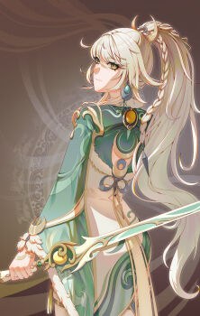 Rule 34 | 1girl, absurdres, braid, bright pupils, chinese clothes, chinese commentary, commentary request, crescent, dress, earrings, from behind, genshin impact, hair ornament, high ponytail, highres, holding, holding sword, holding weapon, jewelry, long hair, long sleeves, looking at viewer, looking back, ponytail, solo, sword, weapon, white hair, white pupils, yellow eyes, zibai (genshin impact)