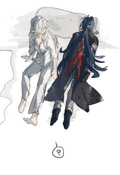 2boys bed blade_(honkai:_star_rail) blue_hair hair_over_one_eye highres honkai:_star_rail honkai_(series) jing_yuan long_hair lying male_focus mississipping multiple_boys on_bed on_stomach pants pillow red_ribbon ribbon sitting white_hair