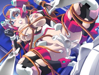 1girl bdsm blue_eyes blush bound breasts brown_hair censored clenched_teeth game_cg gan-chan_(artist) high_heels hitozuma_sentai_aisaiger large_breasts long_hair machine magical_girl makeup morisaki_miku mosaic_censoring nipples non-web_source official_art pussy rape restrained saiger_rose shoes solo spread_legs sweat teeth tentacles thighhighs torn_clothes vaginal variant_set