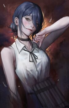 1girl black_choker black_hair black_ribbon chainsaw_man choker closed_mouth collared_shirt dynamite explosive grenade_pin grey_eyes hair_bun highres neck_ribbon oilo_515 reze_(chainsaw_man) ribbon shirt sleeveless sleeveless_shirt solo white_shirt