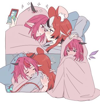 2girls animal_ear_fluff animal_ears black_streaks blanket blue_eyes blush cellphone closed_eyes commentary_request ear_blush energy_wings eye_contact fang grey_hoodie hakos_baelz halo hand_on_another&#039;s_head heterochromia highres holding holding_phone hololive hololive_english hood hoodie horns hug irys_(hololive) long_hair looking_at_another mouse_ears mouse_girl mouse_tail multiple_girls open_mouth phone pink_eyes pink_hair pointy_ears ramphastostella red_hair simple_background smartphone tail tears virtual_youtuber white_background white_streaks yellow_nails yuri