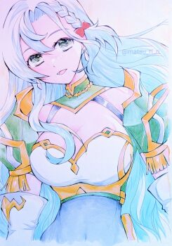 1girl aqua_hair armor bow braid breastplate breasts chika_1 chloe_(fire_emblem) cleavage earrings elbow_gloves fire_emblem fire_emblem_engage gloves green_eyes jewelry large_breasts long_hair looking_at_viewer nintendo orange_bow shoulder_armor side_braid solo teardrop_earrings white_gloves