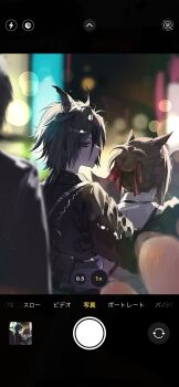 Rule 34 | 2girls, absurdres, animal ears, bag, black hair, black shirt, brown hair, closed mouth, collared shirt, couple, crowd, earclip, expressionless, fake screenshot, hair ribbon, handbag, height difference, highres, horse ears, horse girl, long hair, looking at viewer, messy hair, multiple girls, pov, red ribbon, ribbon, shirt, umamusume, wolf cut, yogukasu