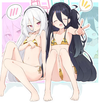 2girls :/ ^_^ absurdres alternate_costume aqua_halo aris_(blue_archive) bare_legs barefoot bikini black_hair black_hairband blue_archive blush breasts closed_eyes closed_mouth collarbone commentary_request covering_breasts covering_privates feet gold_bikini hair_between_eyes hairband halo hand_up highres kei_(blue_archive) kei_(student)_(blue_archive) knees_up loli long_hair looking_at_viewer micro_bikini multiple_girls navel one_side_up open_mouth osmium-76 outline pink_eyes pink_halo rectangular_halo ringed_eyes side-tie_bikini_bottom side_ponytail sitting small_breasts smile spoken_blush straight_hair sweatdrop swimsuit toes v very_long_hair white_hair white_outline yellow_bikini zoom_layer