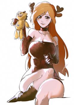 1girl 2025 artist_name bare_shoulders bleach breasts brown_eyes choker christmas closed_mouth collarbone earrings elbow_gloves fake_antlers gloves highres holding holding_stuffed_toy inoue_orihime itsalpha jewelry kon_(bleach) large_breasts light_blush long_hair looking_at_viewer orange_hair shiny_skin simple_background sitting stuffed_animal stuffed_lion stuffed_toy white_background