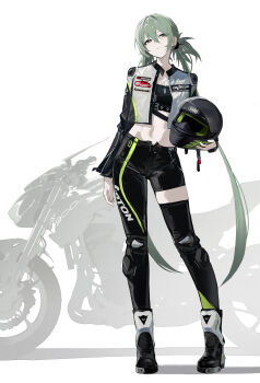 1girl absurdres asymmetrical_legwear biker_clothes bikesuit bodysuit closed_mouth contrapposto cropped_jacket expressionless full_body goodsmile_company goodsmile_racing green_hair hair_between_eyes hashtag-only_commentary hatsune_miku helmet highres holding holding_unworn_helmet jiu_ye_sang kawasaki_(company) kawasaki_z900 long_hair looking_at_viewer midriff motor_vehicle motorcycle motorcycle_helmet neck solo standing twintails unworn_headwear unworn_helmet very_long_hair vocaloid