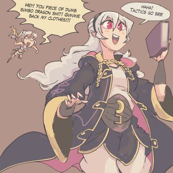 2girls blush book cosplay costume_switch davewaterfalls dragon_girl female_corrin_(fire_emblem) female_robin_(fire_emblem) fire_emblem fire_emblem_awakening fire_emblem_fates hairband levin_sword long_hair multiple_girls nintendo pointy_ears red_eyes robe speech_bubble twintails white_hair