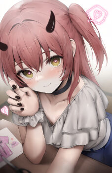 1girl absurdres black_choker black_nails blue_skirt blurry blush bocchi_the_rock! bright_pupils choker claw_pose closed_mouth commentary_request demon_horns depth_of_field elbow_on_table eyelashes fingernails from_above green_eyes hair_between_eyes half_updo hand_up happy heart heart-shaped_pupils hibimaru highres horns indoors kita_ikuyo long_hair looking_at_viewer nail_polish paw_pose red_hair shirt side_ponytail sidelocks skirt smile solo symbol-shaped_pupils table upturned_eyes white_shirt wrist_cuffs yandere