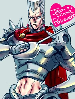 1boy armor flattop fusion grey_hair jean_pierre_polnareff jojo_no_kimyou_na_bouken male_focus midriff rapier silver_chariot simple_background solo stand_(jojo) sword weapon yuriko2755