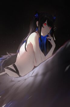 1girl absurdres black_hair black_nails black_wings blue_hair breasts demon_horns grin highres hololive hololive_english horns kurochanai large_breasts low_wings mole mole_under_eye multicolored_hair nerissa_ravencroft nude oversized_wings red_eyes sideboob smile solo two-tone_hair virtual_youtuber wings