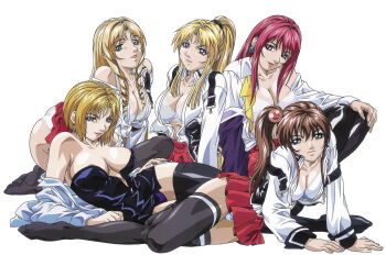 00s 5girls bible_black blonde_hair bra breasts brown_hair cleavage curvy earrings high_ponytail highres imari_kurumi jewelry kitami_reika large_breasts long_hair miniskirt multiple_girls official_art panties ponytail red_hair saeki_kaori school_uniform shiny_skin shiraki_rika short_hair skirt socks takashiro_hiroko thong underwear wide_hips