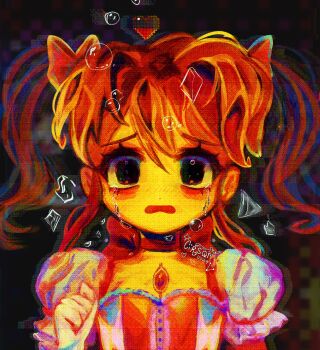 1girl air_bubble artist_name black_eyes blue_dress brooch bubble choker cirsqn commentary crying crying_with_eyes_open double-parted_bangs dress gem hair_between_eyes hand_up heart highres jewelry kaname_madoka kaname_madoka_(magical_girl) looking_at_viewer magical_girl mahou_shoujo_madoka_magica medium_hair open_mouth puffy_short_sleeves puffy_sleeves raised_inner_eyebrows red_choker red_gemstone red_hair short_sleeves solo straight-on tears upper_body