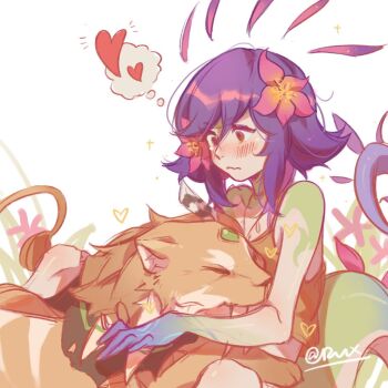 2girls alternate_form artist_name bare_arms bare_shoulders blue_hair blush brown_camisole camisole colored_skin cougar fangs feather_hair_ornament feathers flower gem green_skin hair_between_eyes hair_flower hair_ornament heart hug jewelry league_of_legends lizard_tail looking_away medium_hair multicolored_hair multicolored_skin multiple_girls necklace neeko_(league_of_legends) nidalee purple_hair ruan_chen_yue speech_bubble tail thought_bubble vastaya yuri