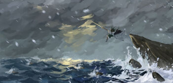 1girl absurdres black_hair black_wings cliff cloud cloudy_sky commentary_request full_body highres lingwu_lukong long_hair ocean outdoors rain reiuji_utsuho scenery sky solo touhou wide_shot wings