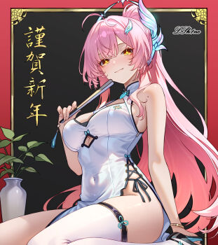 Rule 34 | 1girl, absurdres, aemeath (wuthering waves), ahoge, alternate costume, bare shoulders, blush, breasts, china dress, chinese clothes, closed mouth, clothing cutout, commentary, covered navel, cutout above navel, dress, folded fan, folding fan, hair ornament, hand fan, high heels, highres, holding, holding fan, large breasts, long hair, looking at viewer, lsh1ne, no panties, orange eyes, pink hair, side slit, signature, single thighhigh, sitting, smile, solo, star-shaped pupils, star (symbol), symbol-shaped pupils, thighhighs, thighs, wariza, white dress, white thighhighs, wuthering waves