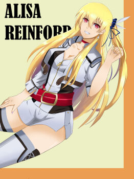 Rule 34 | 1girl, absurdres, alisa reinford, blonde hair, border, breasts, cleavage, collar, double-parted bangs, eiyuu densetsu, feather hair ornament, feathers, grin, hair between eyes, hair ornament, highres, large breasts, long hair, looking at viewer, orange border, over-kneehighs, parted lips, pencil skirt, red eyes, sen no kiseki, sen no kiseki (series), sen no kiseki iii, side ponytail, skirt, smile, solo, spy osaka, thighhighs, two-tone background, two side up, upper body, yellow background