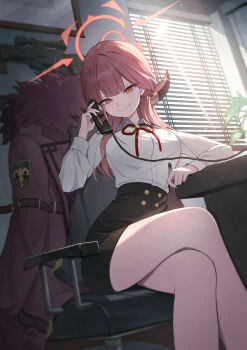 1girl absurdres aru_(blue_archive) bare_legs black_skirt blue_archive blush breasts chair clothes_on_chair coat commentary crossed_legs demon_horns feet_out_of_frame fur-trimmed_coat fur_trim gun halo highres holding holding_pen holding_phone horns indoors large_breasts looking_at_viewer miniskirt neck_ribbon okkimon on_chair pen phone pink_hair ribbon rifle shirt shirt_tucked_in sitting skirt smile sniper_rifle solo sunlight weapon white_shirt window_blinds