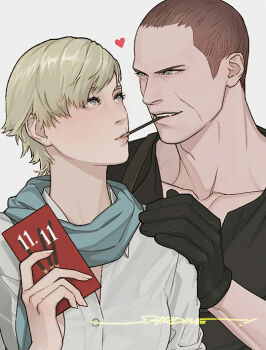 1boy 1girl artist_name black_gloves black_shirt blonde_hair blue_scarf breasts brown_hair collared_shirt dated food food_in_mouth gloves grey_hair hand_on_another&#039;s_shoulder hetero incoming_pocky_kiss jake_muller looking_at_another medium_breasts parted_lips pocky pocky_in_mouth resident_evil resident_evil_6 sardine_(kjr0313) scarf sherry_birkin shirt short_hair upper_body very_short_hair white_background white_shirt