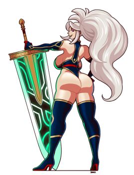 ass blazbaros bodysuit boots breasts curvy glowing gold_trim high_heel_boots high_heels highres holding holding_weapon huge_ass huge_sword huge_weapon large_breasts looking_at_viewer looking_back looking_over_shoulder ponytail purple_eyes seductive_smile smile sword thick_thighs thighhighs thighs warrior weapon white_hair wide_hips