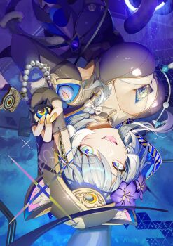 Rule 34 | 1girl, absurdres, animal ears, animal hood, between breasts, black gloves, black leotard, blue eyes, breasts, card, cat ears, cat girl, cat hood, cat tail, cipher (honkai: star rail), cleavage, coin, commentary, fingerless gloves, gem, gloves, grey hair, highres, holding, holding coin, honkai: star rail, honkai (series), hood, jelmul, large breasts, leotard, open mouth, pearl (gemstone), short hair with long locks, spirithief bartholos (honkai: star rail), tail, tarot, tarot card, upside-down