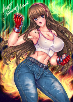 belt blue_eyes blush bra_strap breasts brown_hair cleavage covered_erect_nipples dead_or_alive dead_or_alive_5 denim fingerless_gloves gloves hairband hands_up happy_birthday highres hitomi_(doa) jeans large_breasts long_hair midriff momiji_arbour navel open_mouth pants pink_hairband red_gloves sidelocks tank_top white_tank_top