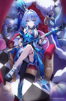 Rule 34 | 1girl, absurdres, alchke, black thighhighs, blue dress, blue eyes, blue hair, breasts, cape, cerydra (honkai: star rail), checkered floor, chess piece, chessboard, chinese commentary, commentary request, crossed legs, crown, dress, fur-trimmed cape, fur trim, hair intakes, highres, holding, holding scepter, honkai: star rail, honkai (series), long hair, miyoushe watermark, pawn (chess), rook (chess), scepter, single thighhigh, sitting on throne, small breasts, smile, solo, thighhighs, very long hair, watermark, wings