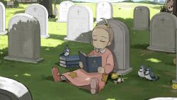 Rule 34 | 1boy, 1girl, aged down, ball, bible (object), bird, blue jay, blue jay monk, book, broom, brown hair, candy, chicken, closed eyes, commentary, diva (hyxpk), doberman, dog, dress, english commentary, flower, food, grave, graveyard, grey hair, hair ornament, highres, little nuns (diva), multiple others, pink dress, pink footwear, reading, sitting, star (symbol), star hair ornament, star nun (diva), star print, tennis ball, tombstone