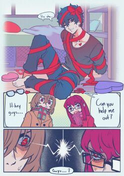 Rule 34 | 1girl, 2boys, absurdres, akechi gorou, amamiya ren, andrich galam, barefoot, black-framed eyewear, black hair, black shirt, blue pants, blush, bound, box, brown hair, closed mouth, commentary, english commentary, english text, glasses, green scarf, hair between eyes, heart-shaped box, highres, indoors, looking at another, looking at viewer, multiple boys, one eye closed, open mouth, pants, persona, persona 5, persona 5 the royal, pink scarf, red eyes, red hair, ribbon, ribbon bondage, scarf, scissors, shirt, short hair, sweatdrop, valentine, yoshizawa sumire