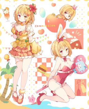 1girl :q absurdres bare_arms bare_shoulders blonde_hair blush borrowed_character bow bowtie breasts burger chibi cleavage closed_mouth commentary_request commission detached_collar flower food french_fries frilled_leotard frilled_skirt frills full_body hair_bow hair_flower hair_ornament heterochromia high_heels highres large_breasts leotard looking_at_viewer miniskirt multiple_views orange_skirt original pom_pom_(clothes) red_bow red_bowtie red_eyes red_leotard red_shoes shirt shoes short_hair sitting skeb_commission skirt smile standing thigh_strap tongue tongue_out tsukiyo_(skymint) yellow_eyes yellow_shirt