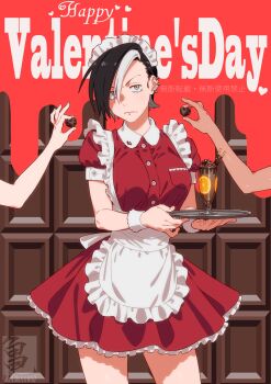 anime_coloring apron candy chocolate chocolate_heart commentary_request dress ear_piercing food happy_valentine heart heart-shaped_food highres holding holding_tray iwado_anna kamezaemon looking_back maid maid_apron maid_headdress multicolored_hair original out_of_frame piercing red_dress short_hair tray wrist_cuffs