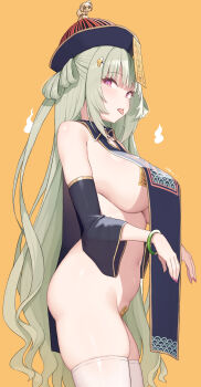 1girl absurdres bare_shoulders black_sleeves black_tabard breasts cloba commentary cowboy_shot curvy detached_sleeves from_side ghost_pose goddess_of_victory:_nikke gold_trim hat highres large_breasts long_hair looking_at_viewer maebari naked_tabard navel ofuda ofuda_on_nipples ofuda_on_pussy pasties plump purple_eyes qingdai_guanmao revealing_clothes sideboob simple_background soda_(nikke) solo stomach tabard thick_thighs thighs tongue tongue_out very_long_hair yellow_background