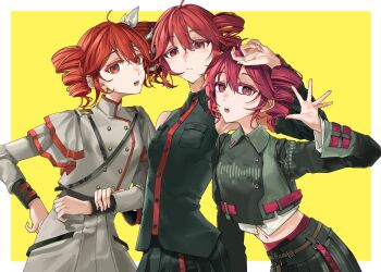 Rule 34 | 3girls, black shirt, black skirt, border, buttons, closed mouth, commentary request, cropped shirt, double-breasted, drill hair, grey jacket, grey skirt, hand up, highres, jacket, kasane teto, kasane teto (sv), kasane teto (utau), kasane teto (voicepeak), long sleeves, looking at viewer, midriff, multiple girls, multiple persona, navel, open mouth, outside border, pleated skirt, popomine (popo3ne), red eyes, red hair, shirt, shoulder belt, simple background, skirt, sleeveless, sleeveless shirt, synthesizer v, twin drills, upper body, utau, voicepeak, white border, yellow background