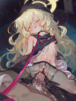 1boy 1girl absurdres blonde_hair blue_archive choker clothes_lift cum dress dress_lift erection flat_chest girl_on_top halo hetero highres leash loli long_hair looking_at_viewer navel nipples open_mouth pantyhose penetration_through_clothes penis penis_in_pantyhose pov professor_niyaniya_(blue_archive) sex smile straddling sweat torogao uncensored vaginal variant_set villainchin