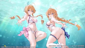 2girls ahoge air_bubble animated ass azur_lane barefoot bikini blue_eyes braid breasts bubble cleavage closed_mouth clownfish curvy date_a_live feet fish hair_between_eyes hair_intakes highres japanese_text large_breasts lock long_hair looking_at_viewer multiple_girls navel ocean official_alternate_costume official_art orange_hair outstretched_arms promotional_art purple_eyes reaching reaching_towards_viewer siblings sideboob sisters smile soles sound stomach swimsuit tagme thick_thighs thigh_strap thighs twins twintails underwater very_long_hair video water white_bikini wide_hips yamai_kaguya yamai_yuzuru