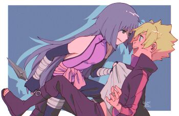 Rule 34 | 1boy, 1girl, ariamikukanzaki, blonde hair, blue eyes, boots, boruto: naruto next generations, clothes grab, commentary, elbow gloves, facial mark, fingerless gloves, gloves, grabbing another's shirt, halterneck, holding, holding kunai, holding weapon, kakei sumire, kunai, long hair, naruto (series), open-toe boots, open mouth, purple eyes, purple hair, signature, smile, turtleneck, uzumaki boruto, weapon, whisker markings