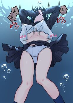 1girl air_bubble ankle_socks asphyxiation blowing_bubbles blue_background blue_skirt blue_socks bow bow_panties bubble check_translation covering_own_mouth drowning feet_out_of_frame from_below gradient_background highres kneehighs knees_together_feet_apart midriff minagi_yuhiro original panties pleated_skirt shirt simple_background skirt socks solo thighs translation_request twitching underwater underwear white_panties white_shirt
