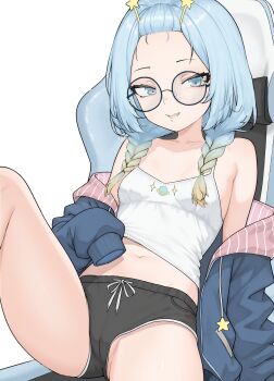 Rule 34 | 1girl, :d, bangs pinned back, black panties, blue eyes, blue hair, boyshort panties, braid, breasts, cameltoe, camisole, chair, commentary, drawstring, fangs, forehead, gaming chair, gd146, highres, jelly hoshiumi, jelly hoshiumi (comfy), long sleeves, looking at viewer, midriff, navel, off shoulder, open mouth, panties, phase connect, reclining, round eyewear, simple background, sleeves past wrists, small breasts, smile, solo, star (symbol), swivel chair, twin braids, underwear, virtual youtuber, white background, white camisole