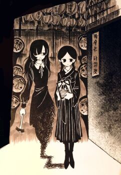 Rule 34 | 2girls, 6+others, braid, dress, expressionless, full body, ghost, hair over one eye, hammer, holding, holding hammer, iei, long hair, mask, monochrome, multiple girls, multiple others, original, shi (yotsuhaka), twin braids