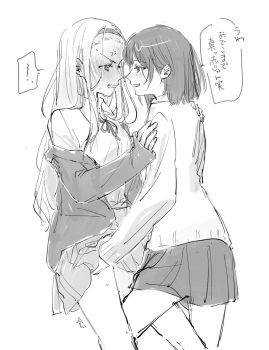 anger_vein angry between_legs black_hair blonde_hair blush bow bowtie brown_jacket flirting full-face_blush hairband hand_on_another's_arm hand_on_another's_shoulder hand_on_another's_thigh headband highres implied_fingering jacket kirarazaka_marina kuze_shizuka legs long_hair mobudeshi monochrome saliva school_uniform shirt short_hair skirt smile spoken_anger_vein sweatdrop takopii_no_genzai translation_request white_background white_shirt yuri