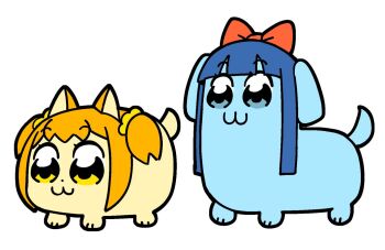 :3 animal animal_focus animal_with_hair animalization bkub blonde_hair blue_eyes blunt_bangs bow cat closed_mouth commentary dog hair_bow hair_ornament hair_scrunchie no_humans pipimi poptepipic popuko red_bow scrunchie short_hair short_twintails sidelocks simple_background twintails white_background yellow_eyes yellow_scrunchie