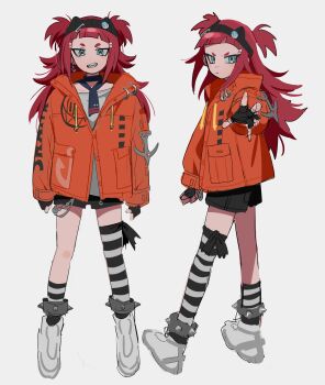 1girl absurdres anchor_earrings animal_ear_headband asymmetrical_legwear black_gloves black_shorts blue_eyes blunt_bangs coat drawstring earrings fingerless_gloves flipped_hair full_body gloves grey_shirt headband highres hood hooded_coat hyow jewelry long_hair looking_at_viewer multiple_views necktie orange_coat original red_hair sharp_teeth shirt shoes short_bangs short_eyebrows short_necktie short_shorts shorts simple_background single_earring sketch socks striped_clothes striped_socks teeth two_side_up uneven_legwear white_background white_shoes