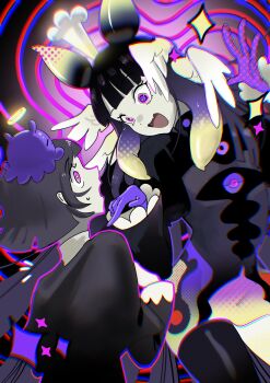 2girls absurdres hashtag-only_commentary head_wings highres hololive hololive_english long_hair multicolored_hair multiple_girls ninomae_ina'nis open_mouth pointy_ears purple_eyes purple_hair smile tako_takover_(ninomae_ina'nis) takodachi_(ninomae_ina'nis) tentacle_hair virtual_youtuber wings yorobisan