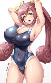 2023 armpits arms_up breasts brown_hair cleavage commission competition_swimsuit covered_navel curled_ends hair_between_eyes hair_ribbon highleg highleg_one-piece_swimsuit highres huge_breasts jikkyou_powerful_pro_yakyuu long_hair one-piece_swimsuit open_mouth otobuki_kanade ribbon signature skeb_commission swimsuit teeth twintails upper_teeth_only white_background yellow_eyes yellow_ribbon yoohi