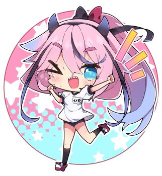 >_o 1other :d ;d absurdres black_buruma black_hairband black_socks blue_eyes blue_hair blush buruma chibi commentary_request full_body gradient_hair gym_shirt gym_uniform gynoid_talk hairband halftone halftone_background highres horns meika_hime milkpanda multicolored_hair name_tag notice_lines one_eye_closed open_mouth pink_hair ponytail puffy_short_sleeves puffy_sleeves red_shoes sharp_teeth shirt shoes short_sleeves smile socks solo standing standing_on_one_leg star_(symbol) teeth thick_eyebrows white_shirt