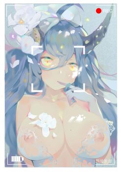 1girl ahoge blue_hair breasts dappled_sunlight elbow_gloves finger_to_mouth flower gloves hair_between_eyes hair_flower hair_ornament heart heart-shaped_pupils highres horns iron_saga jewelry large_breasts long_hair looking_at_viewer mole mole_on_breast nipples ornate_ring recording ring see-through_clothes single_horn solo sunlight symbol-shaped_pupils t_lege_d upper_body viewfinder white_gloves wynonna_(iron_saga) yellow_eyes
