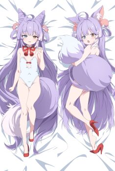 1girl absurdly_long_hair absurdres ahoge animal_ear_fluff animal_ears blue_eyes bow brown_eyes clothing_cutout collar cone_hair_bun covered_navel dakimakura_(medium) detached_collar gogoco hair_bun hair_intakes hair_ornament hashtag-only_commentary heart_cutout heterochromia high_heels highres leotard light_blush long_hair lying multicolored_hair multiple_views on_back on_bed on_side open_mouth parted_lips pom_pom_(clothes) pom_pom_hair_ornament purple_hair purple_tail red_bow red_shoes shoes stellive streaked_hair sweat tail tenko_shibuki very_long_hair virtual_youtuber wavy_mouth white_collar white_leotard white_streaks wispy_bangs