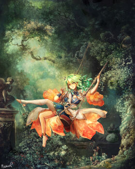 1girl absurdres anklet barefoot blue_bow bow ceres_fauna commentary english_commentary eyelashes fine_art_parody green_eyes green_hair highres hololive hololive_english horns jewelry long_hair miku_(mikururun) on_swing open_mouth outdoors parody signature single_thighhigh solo statue swing the_swing thighhighs toeless_legwear virtual_youtuber white_thighhighs