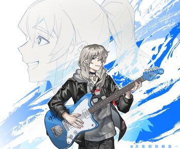 Rule 34 | 1girl, absurdres, aged down, black choker, black jacket, blue background, chinese commentary, choker, commentary request, electric guitar, fender jazzmaster, girls band cry, grey hair, grey hoodie, grin, guitar, highres, holding, holding guitar, holding instrument, hood, hoodie, instrument, jacket, kawaragi momoka, long hair, mtdykxkxzzy, multicolored hair, multiple views, parted lips, ponytail, roots (hair), smile, white background