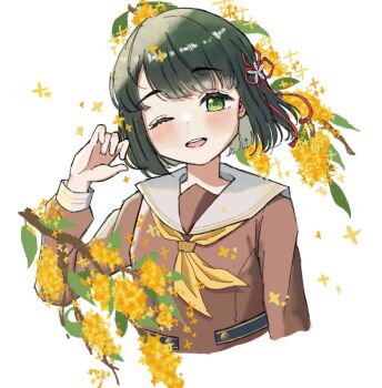 1girl ;d blunt_bangs blush bob_cut brown_dress commentary_request dress flower flower_knot green_eyes green_hair hair_flower hair_ornament hasu_no_sora_school_uniform link!_like!_love_live! long_sleeves looking_at_viewer love_live! momose_ginko neckerchief okome_(okome_l_l) one_eye_closed open_mouth paint_chat_(medium) sailor_collar sailor_dress school_uniform short_hair smile solo teeth upper_body upper_teeth_only virtual_youtuber white_background white_flower white_sailor_collar winter_uniform yellow_flower yellow_neckerchief