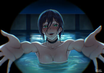 1girl absurdres black_hair breasts chainsaw_man green_eyes hair_between_eyes highres matomo medium_breasts night open_mouth outdoors outstretched_arms pool reaching reaching_towards_viewer reze_(chainsaw_man) solo teeth upper_teeth_only water wet